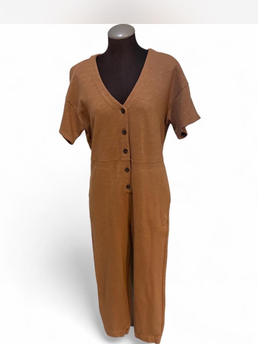 Madewell Cognac Button-Front Short Sleeve Jumpsuit
